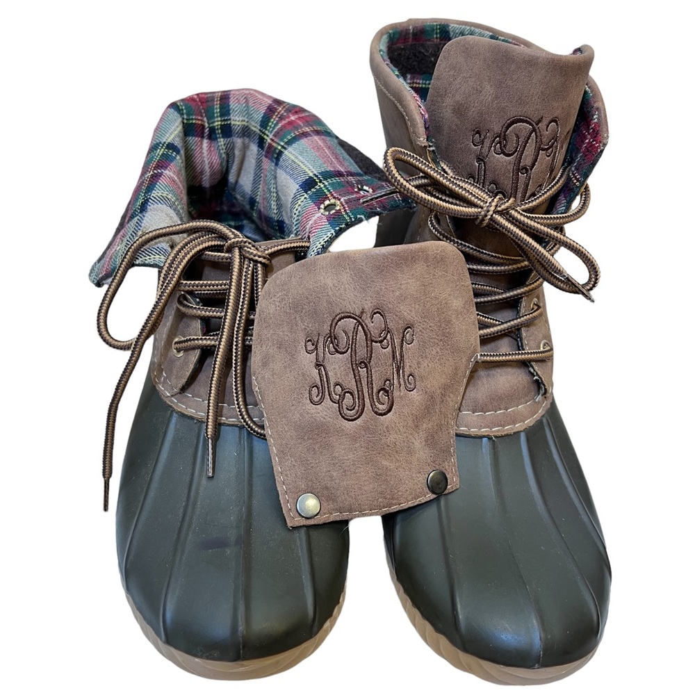Marley Lilly Duck Boots Monogrammed KRM Sz 6 Brown Plaid Initials Adjustable